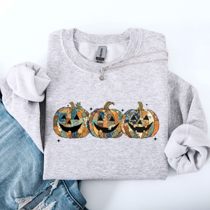 Jack O Lanterns Faux Quilt Pumpkin Halloween Autumn Festive Cozy Classic Sweatshirt — view 2