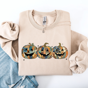 Jack O Lanterns Faux Quilt Pumpkin Halloween Autumn Festive Cozy Classic Sweatshirt — view 1