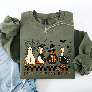 Just A Spooky Goose Checkered Halloween Design With Eerie Vibe For Cozy Fall Sweatshirt — view 3