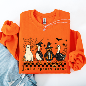 Just A Spooky Goose Checkered Halloween Design With Eerie Vibe For Cozy Fall Sweatshirt — view 6