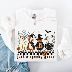 Just A Spooky Goose Checkered Halloween Design With Eerie Vibe For Cozy Fall Sweatshirt — view 5