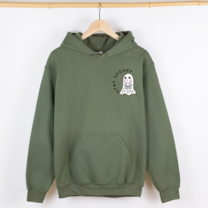 Stay Spooky Ghost Halloween Pocket Checkered Cozy Autumn Vibe Nightlife Graphic Hoodie — view 3