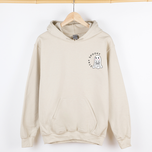 Stay Spooky Ghost Halloween Pocket Checkered Cozy Autumn Vibe Nightlife Graphic Hoodie — view 4