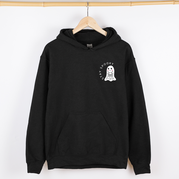 Stay Spooky Ghost Halloween Pocket Checkered Cozy Autumn Vibe Nightlife Graphic Hoodie