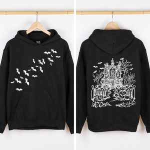 Haunted House Front And Back Halloween Retro Bats Witches Skeleton Jack O Lanterns Graphic Hoodie — view 5
