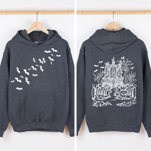 Haunted House Front And Back Halloween Retro Bats Witches Skeleton Jack O Lanterns Graphic Hoodie — view 6