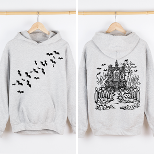 Haunted House Front And Back Halloween Retro Bats Witches Skeleton Jack O Lanterns Graphic Hoodie — view 3
