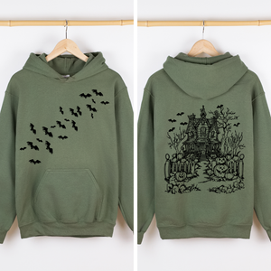 Haunted House Front And Back Halloween Retro Bats Witches Skeleton Jack O Lanterns Graphic Hoodie — view 2