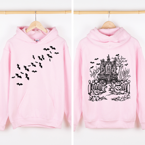 Haunted House Front And Back Halloween Retro Bats Witches Skeleton Jack O Lanterns Graphic Hoodie — view 4