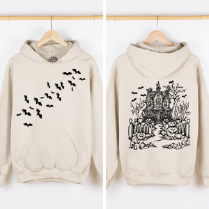 Haunted House Front And Back Halloween Retro Bats Witches Skeleton Jack O Lanterns Graphic Hoodie — view 1