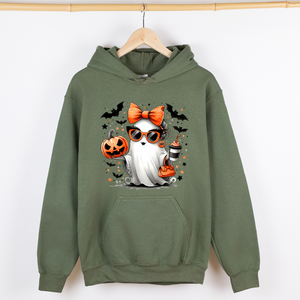 Fancy Coffee Lover Ghost Pumpkin Western Witch Halloween Costume Vintage Graphic Hoodie — view 1