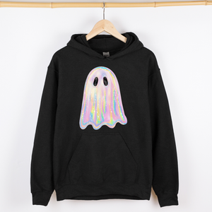 Shimmering Ghost Iridescent Boo Halloween Vintage Vibe Graphic Hooded Sweatshirt — view 3
