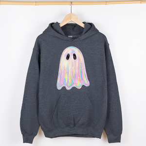 Shimmering Ghost Iridescent Boo Halloween Vintage Vibe Graphic Hooded Sweatshirt — view 2