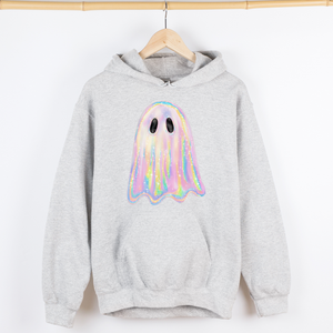 Shimmering Ghost Iridescent Boo Halloween Vintage Vibe Graphic Hooded Sweatshirt — view 5