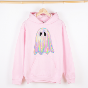 Shimmering Ghost Iridescent Boo Halloween Vintage Vibe Graphic Hooded Sweatshirt — view 1