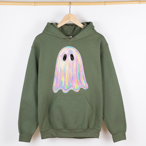 Shimmering Ghost Iridescent Boo Halloween Vintage Vibe Graphic Hooded Sweatshirt — view 4