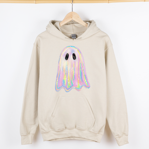 Shimmering Ghost Iridescent Boo Halloween Vintage Vibe Graphic Hooded Sweatshirt — view 6