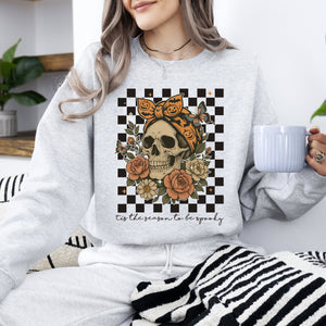 Tis The Season Skull Halloween Ghost Checkered Retro Vintage Spooky Graphic Sweatshirt — view 1