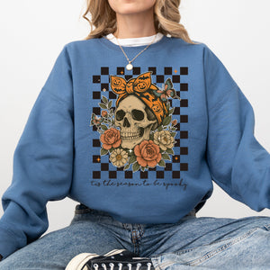 Tis The Season Skull Halloween Ghost Checkered Retro Vintage Spooky Graphic Sweatshirt — view 4
