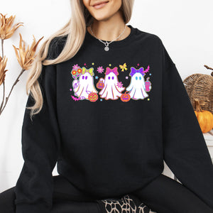 Neon Ghosts Halloween Checkered Retro Vintage Spooky Costume Fall Graphic Sweatshirt — view 3