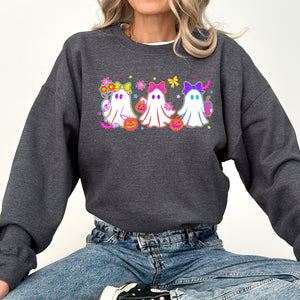 Neon Ghosts Halloween Checkered Retro Vintage Spooky Costume Fall Graphic Sweatshirt — view 5