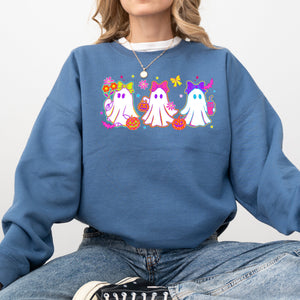 Neon Ghosts Halloween Checkered Retro Vintage Spooky Costume Fall Graphic Sweatshirt — view 7