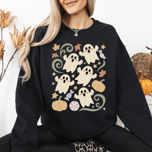 Vintage Ghosts Floral Halloween Retro Spooky Neon Patchwork Nightfall Graphic Sweatshirt — view 5