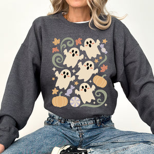 Vintage Ghosts Floral Halloween Retro Spooky Neon Patchwork Nightfall Graphic Sweatshirt — view 2