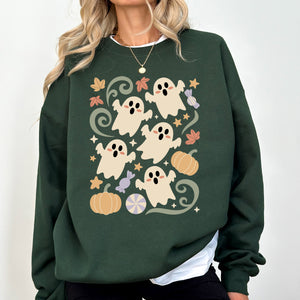 Vintage Ghosts Floral Halloween Retro Spooky Neon Patchwork Nightfall Graphic Sweatshirt — view 4