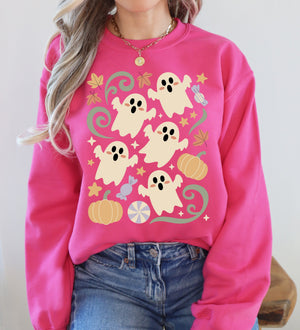 Vintage Ghosts Floral Halloween Retro Spooky Neon Patchwork Nightfall Graphic Sweatshirt — view 3
