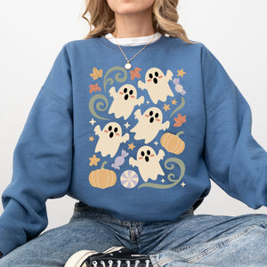 Vintage Ghosts Floral Halloween Retro Spooky Neon Patchwork Nightfall Graphic Sweatshirt — view 1