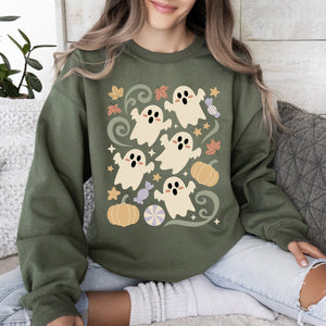 Vintage Ghosts Floral Halloween Retro Spooky Neon Patchwork Nightfall Graphic Sweatshirt — view 6