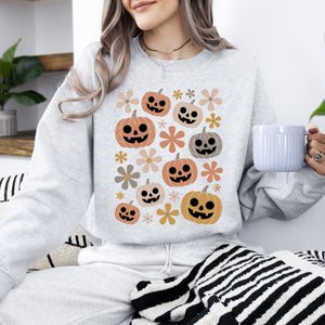Pumpkins And Flowers Halloween Neon Retro Vintage Spooky Checkered Patchwork Graphic Sweatshirt — view 1