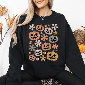 Pumpkins And Flowers Halloween Neon Retro Vintage Spooky Checkered Patchwork Graphic Sweatshirt — view 2