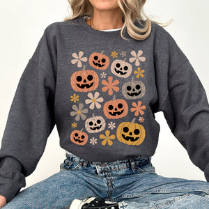 Pumpkins And Flowers Halloween Neon Retro Vintage Spooky Checkered Patchwork Graphic Sweatshirt — view 4