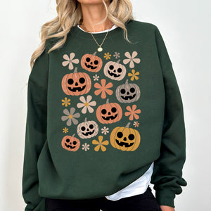 Pumpkins And Flowers Halloween Neon Retro Vintage Spooky Checkered Patchwork Graphic Sweatshirt — view 5