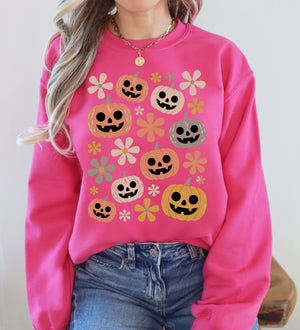 Pumpkins And Flowers Halloween Neon Retro Vintage Spooky Checkered Patchwork Graphic Sweatshirt — view 8