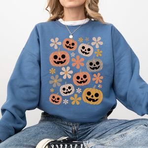 Pumpkins And Flowers Halloween Neon Retro Vintage Spooky Checkered Patchwork Graphic Sweatshirt — view 6