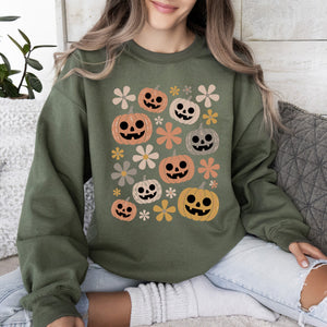 Pumpkins And Flowers Halloween Neon Retro Vintage Spooky Checkered Patchwork Graphic Sweatshirt — view 7