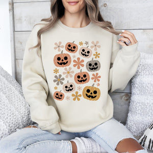 Pumpkins And Flowers Halloween Neon Retro Vintage Spooky Checkered Patchwork Graphic Sweatshirt — view 3
