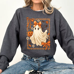 Coquette Ghost Bow Lace Pumpkin Halloween Retro Vintage Spooky Costume Fall Graphic Sweatshirt — view 5