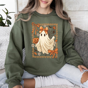 Coquette Ghost Bow Lace Pumpkin Halloween Retro Vintage Spooky Costume Fall Graphic Sweatshirt — view 7