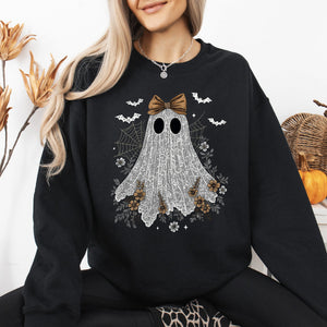 Cute Lace Ghost Bow Coquette Bats Halloween Vintage Nostalgic Cozy Retro Graphic Sweatshirt — view 1