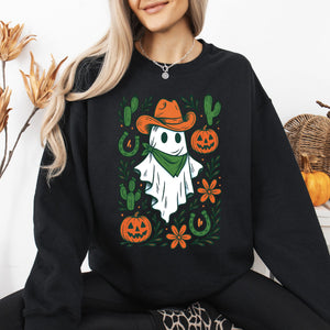 Western Ghost Cowboy Pumpkin Halloween Retro Vintage Spooky Costume Fall Graphic Sweatshirt — view 2