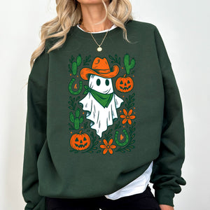 Western Ghost Cowboy Pumpkin Halloween Retro Vintage Spooky Costume Fall Graphic Sweatshirt — view 4