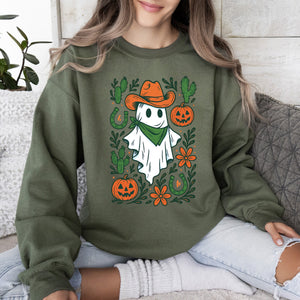 Western Ghost Cowboy Pumpkin Halloween Retro Vintage Spooky Costume Fall Graphic Sweatshirt — view 6