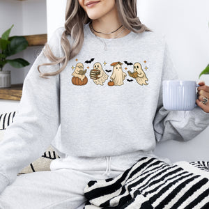 Reading Mini Ghosts Pink Neon Book Lover Halloween Retro Vintage Spooky Graphic Sweatshirt — view 7