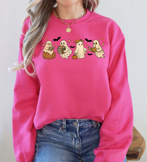 Reading Mini Ghosts Pink Neon Book Lover Halloween Retro Vintage Spooky Graphic Sweatshirt — view 4
