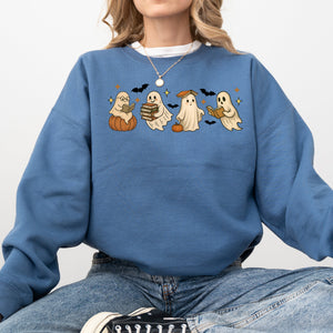 Reading Mini Ghosts Pink Neon Book Lover Halloween Retro Vintage Spooky Graphic Sweatshirt — view 6