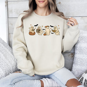 Reading Mini Ghosts Pink Neon Book Lover Halloween Retro Vintage Spooky Graphic Sweatshirt — view 2